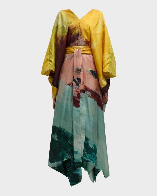 Abstract-Print V-Neck Bracelet-Sleeve Silk Twill Caftan Dress